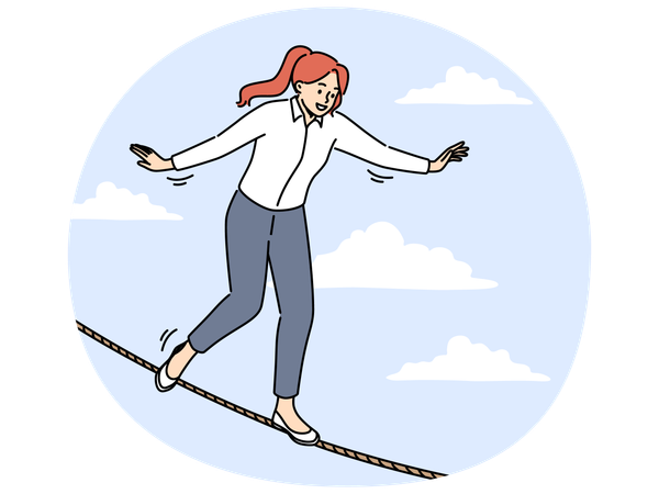 Smiling businesswoman balance on rope in air  Illustration