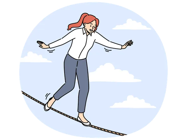 Smiling businesswoman balance on rope in air  Illustration