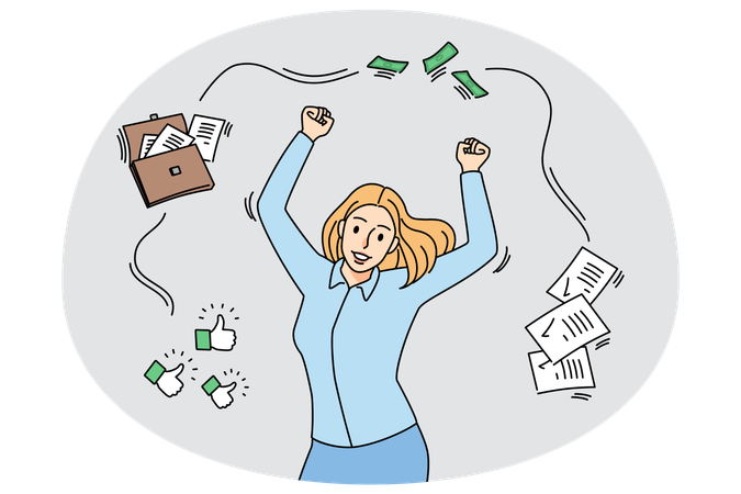 Smiling businesswoman celebrate successful business deal  Illustration