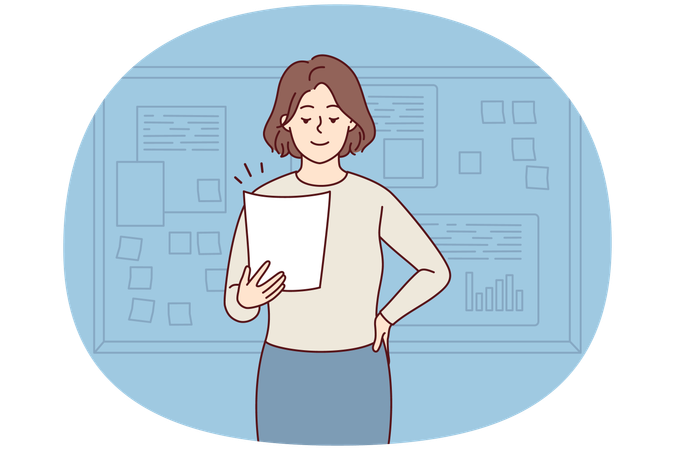 Smiling businesswoman holding paper work stand near board making presentation  Illustration
