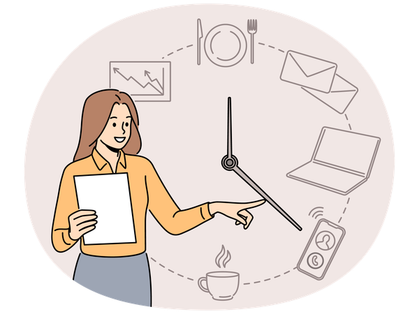 Smiling businesswoman point at clock with different activities  Illustration
