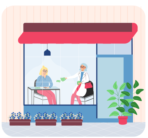 Smiling businesswoman sitting in store giving money to seller  Illustration