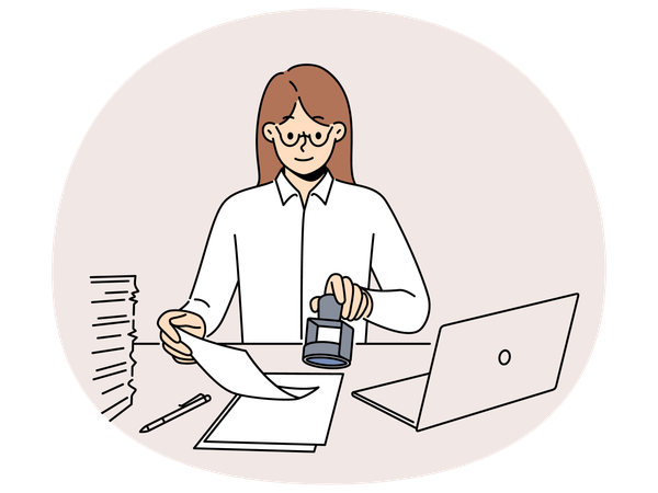 Smiling businesswoman stamp documents in office  Illustration