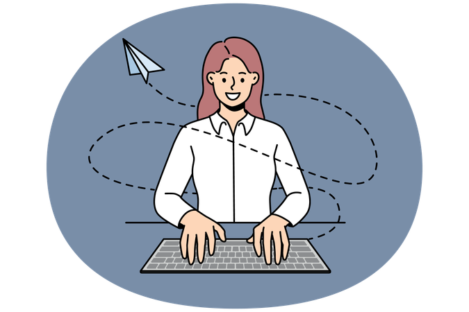 Smiling businesswoman typing on keyboard sending message  Illustration