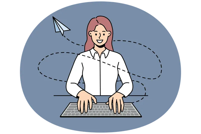 Smiling businesswoman typing on keyboard sending message  Illustration