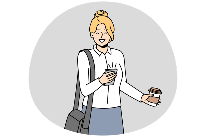 Smiling businesswoman with cellphone and takeaway coffee  Illustration
