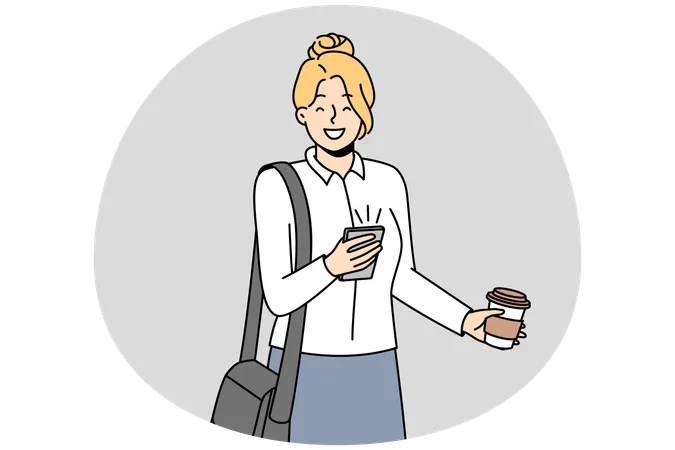 Smiling businesswoman with cellphone and takeaway coffee  Illustration
