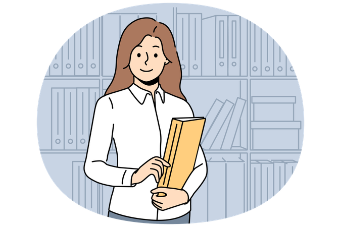 Smiling businesswoman with folder posing in office  Illustration