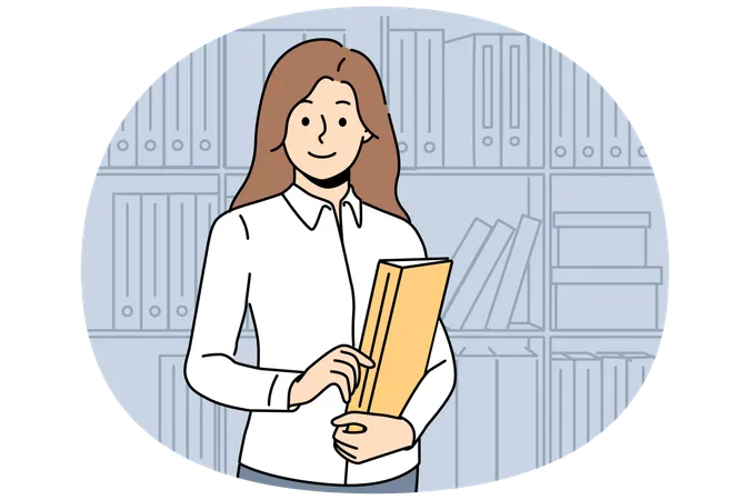 Smiling businesswoman with folder posing in office  Illustration
