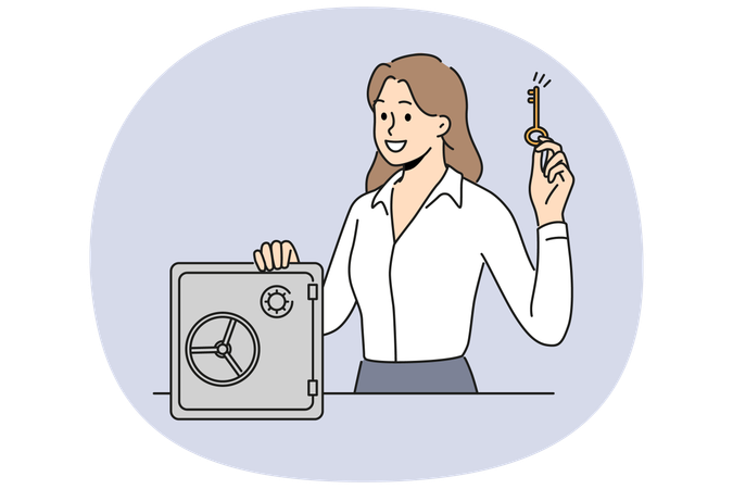 Smiling businesswoman with key near strongbox  Illustration