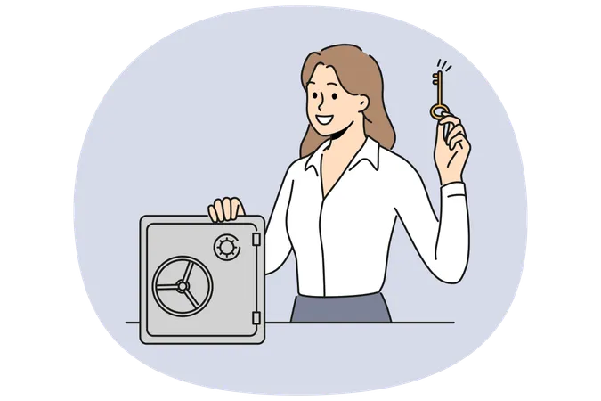 Smiling businesswoman with key near strongbox  Illustration