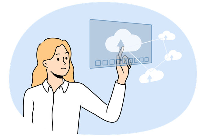 Smiling businesswoman work with cloud computer system  Illustration