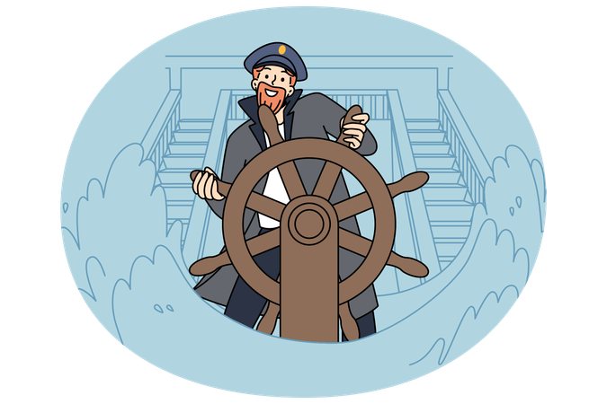 Smiling captain standing at ship wheel during sea storm  Illustration