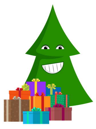 Smiling cartoon Christmas tree with gift boxes  Illustration