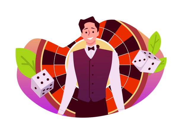 Smiling casino dealer stands in front of roulette table  Illustration
