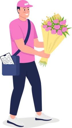 Smiling Caucasian courier with bouquet Illustration