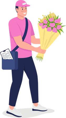 Smiling Caucasian courier with bouquet  Illustration