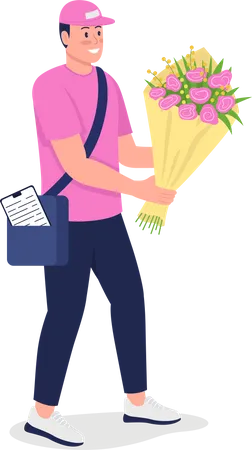 Smiling Caucasian courier with bouquet  Illustration