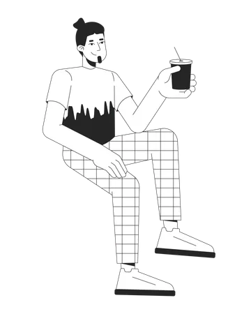 Smiling Caucasian Man Chilling With Drink Black And White 2 D Line Cartoon Character Relaxed Guy Holding Cocktail Cheers Isolated Vector Outline Person Carefree Monochromatic Flat Spot Illustration Illustration