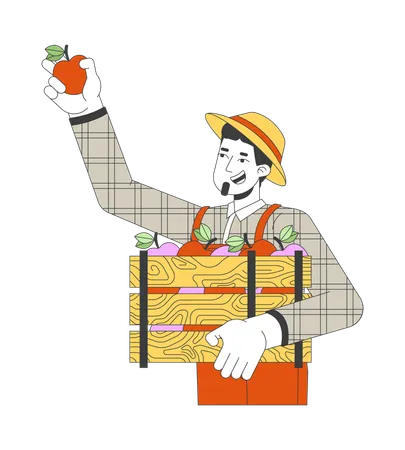 Smiling caucasian man picking apples  Illustration