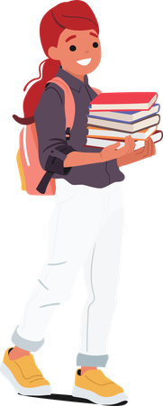 Smiling cheerful elementary age schoolgirl carrying book stack going to study  Illustration