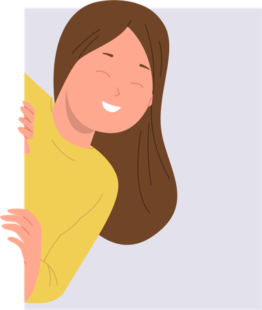 Smiling cheerful girl child character peeking out feeling curiosity emotion  Illustration