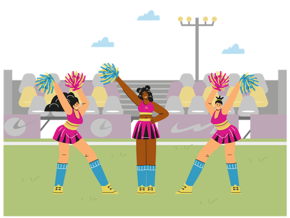 Smiling cheerleader girls dancing with pompoms at stadium  Illustration