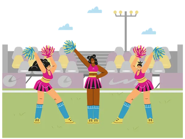 Smiling cheerleader girls dancing with pompoms at stadium  Illustration