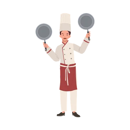 Culinary Professional Concept Smiling Chef With Pan Happy Male Chef Holding Pan Flat Vector Cartoon Illustration Illustration