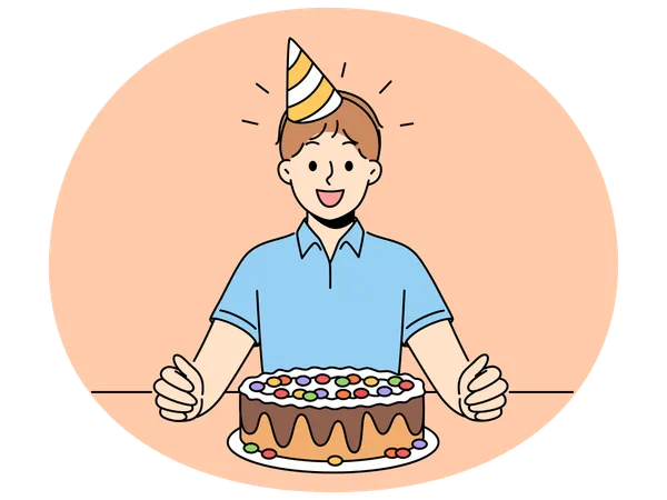 Smiling child celebrate birthday with cake  Illustration