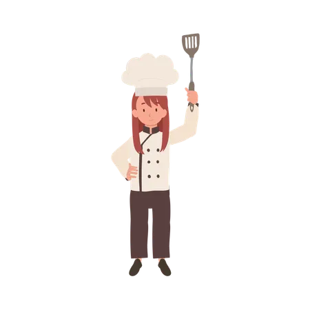Adorable Little Chef Boy In Apron Smiling Child Chef With Flipper Illustration