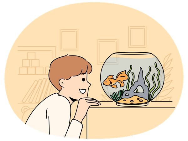 Smiling child look at goldfish in tank  Illustration