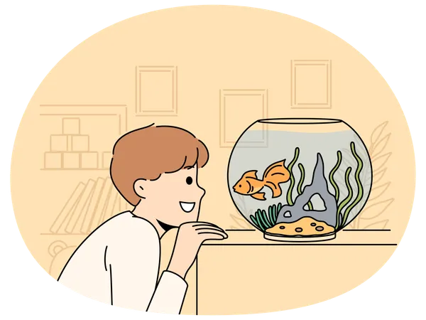 Smiling child look at goldfish in tank  Illustration