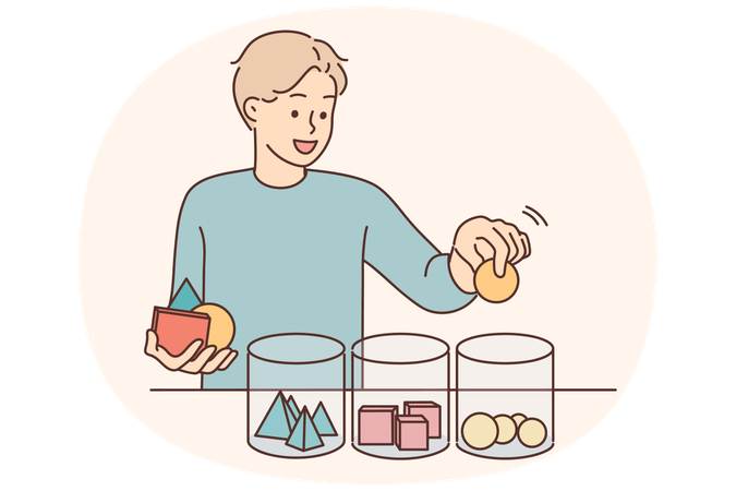 Smiling child sort geometric figures in jars  Illustration