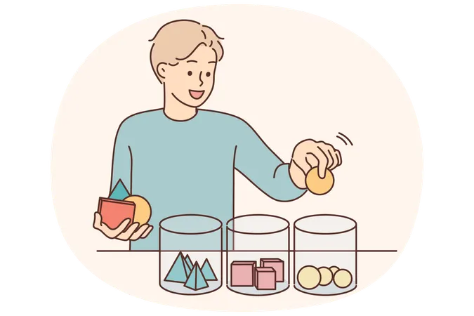 Smiling child sort geometric figures in jars  Illustration