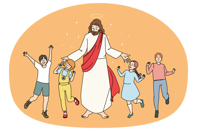 Smiling children dance near Jesus Christ  Illustration