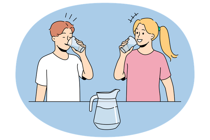 Smiling children drinking water keep hydration balance.  Illustration