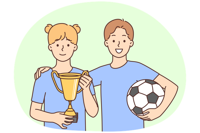 Smiling children in uniform stand hold football ball and golden prize celebrate win in game  Illustration