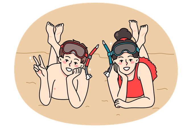 Smiling children lying relaxing on beach  Illustration