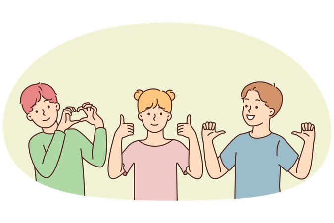 Smiling children show hand gestures  Illustration