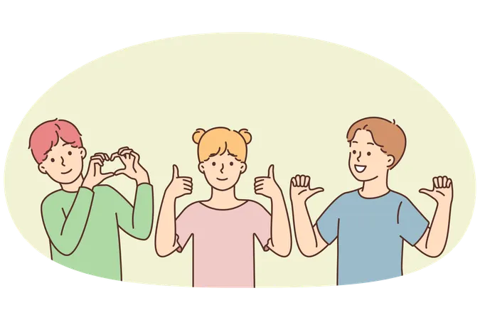 Smiling children show hand gestures  Illustration