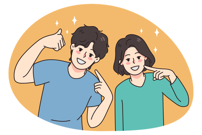 Smiling children wear braces for even healthy teeth  Illustration