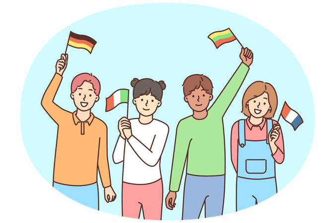 Smiling children with countries flags in hands  Illustration