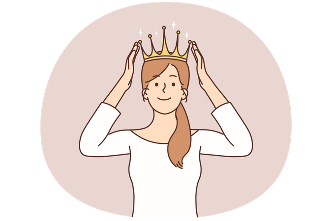 Smiling confident woman in crown on head celebrate success  Illustration