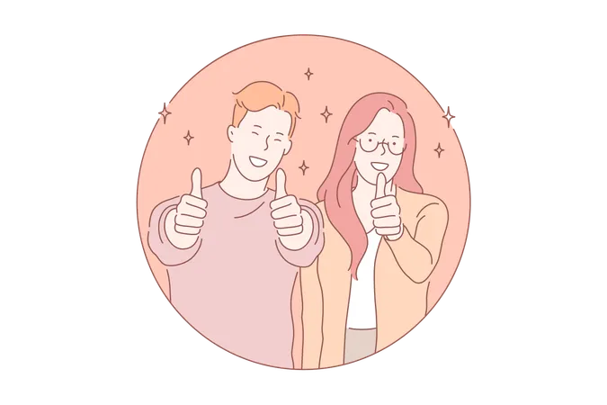 Smiling Young Couple Good Mood Concept Positive Emotions Happy People Boyfriend And Girlfriend Showing Thumb Up Mirth And Gladness Cheerful Facial Expression Simple Flat Vector Illustration