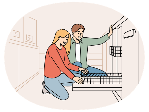 Smiling couple choosing dishwasher in store  Illustration