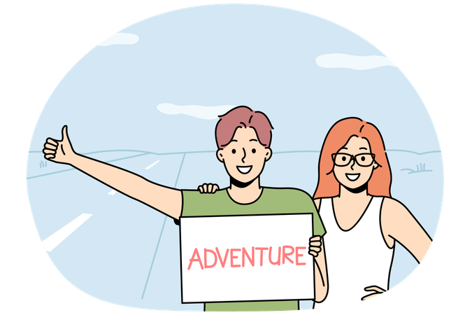 Smiling couple hitchhiking on road  Illustration