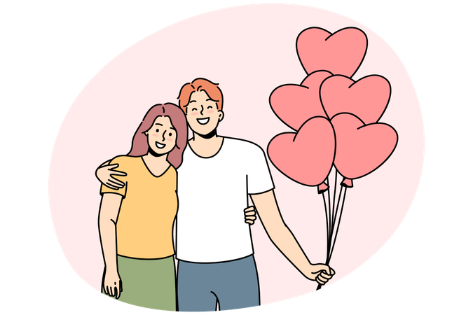 Smiling couple hug holding heart shaped balloons  Illustration