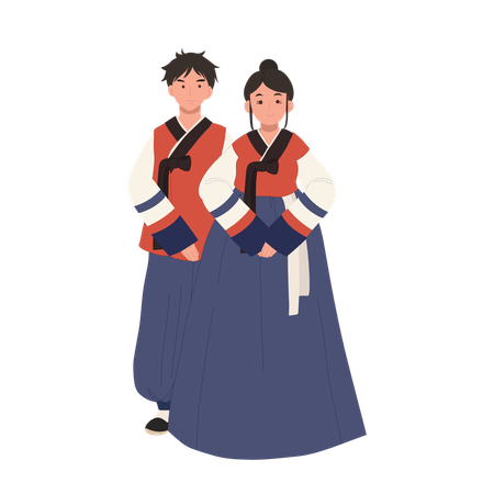Smiling couple in modern hanbok for festive occasion  Illustration