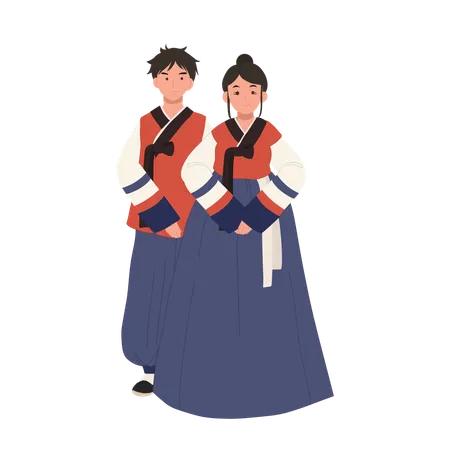 Smiling Couple In Modern Hanbok For Festive Occasion Man And Woman Smiling In Korean Suit For Holiday Or Event Illustration